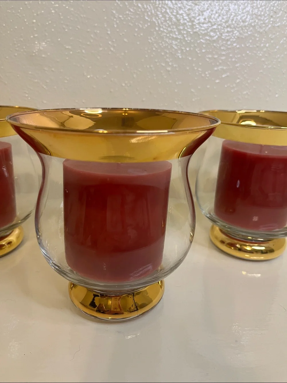 Vintage Crate & Barrel Minuet Hurricane Candle Holders - Set of 3 - Gold Rimmed